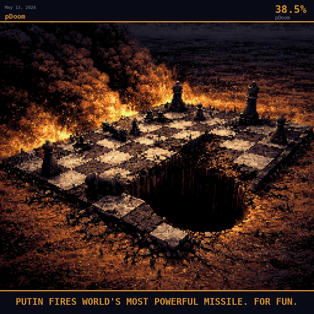 pDoom card for May 13, 2026: 38.5%, PUTIN FIRES WORLD'S MOST POWERFUL MISSILE. FOR FUN.. Pixel art: wide aerial view angled down at 45 degrees, camera looking steeply down at a vast flat steppe landscape rendered in deep navy shadow and smoldering orange haze, the enormous treeless terrain dominatin.