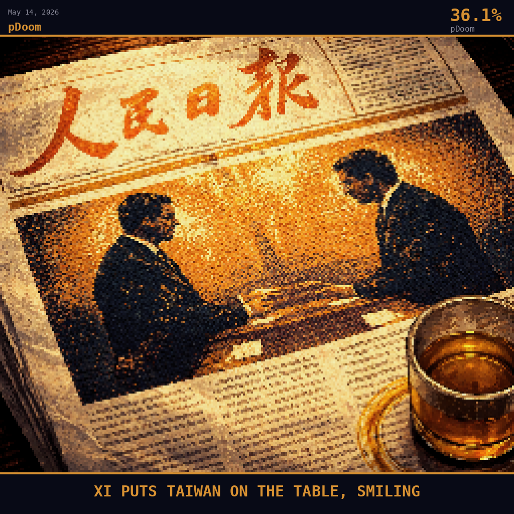 pDoom card for May 14, 2026: 36.1%, XI PUTS TAIWAN ON THE TABLE, SMILING. Pixel art: extreme close-up filling the entire frame with the front page of the People's Daily newspaper, the iconic red masthead banner rendered in deep smoldering crimson across the top edge of the frame, the .