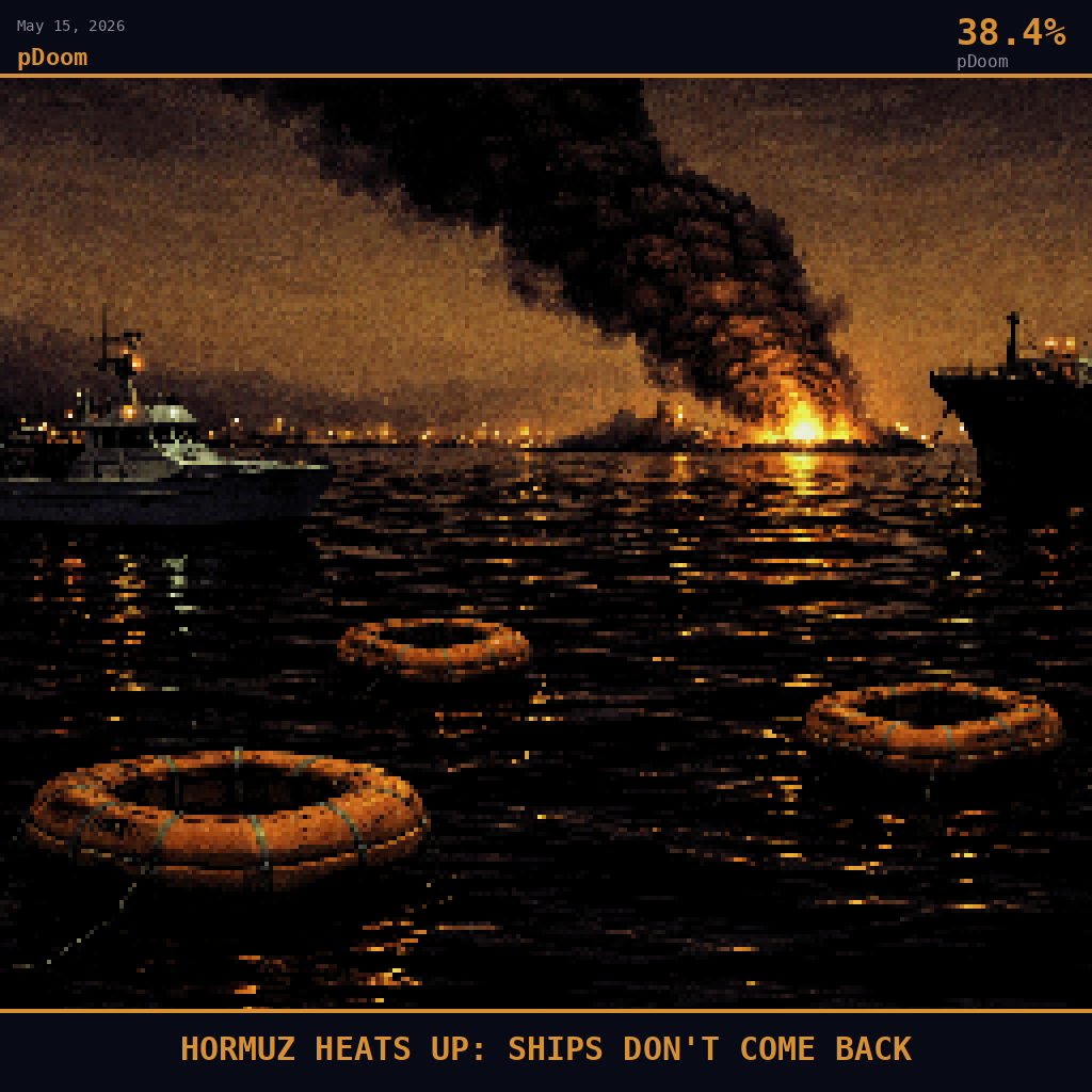 pDoom card for May 15, 2026: 38.4%, HORMUZ HEATS UP: SHIPS DON'T COME BACK. Pixel art: night scene, aftermath composition, camera at low oblique angle over dark Gulf of Oman water northeast of Fujairah, artificial light only, deep navy and smoldering orange palette.