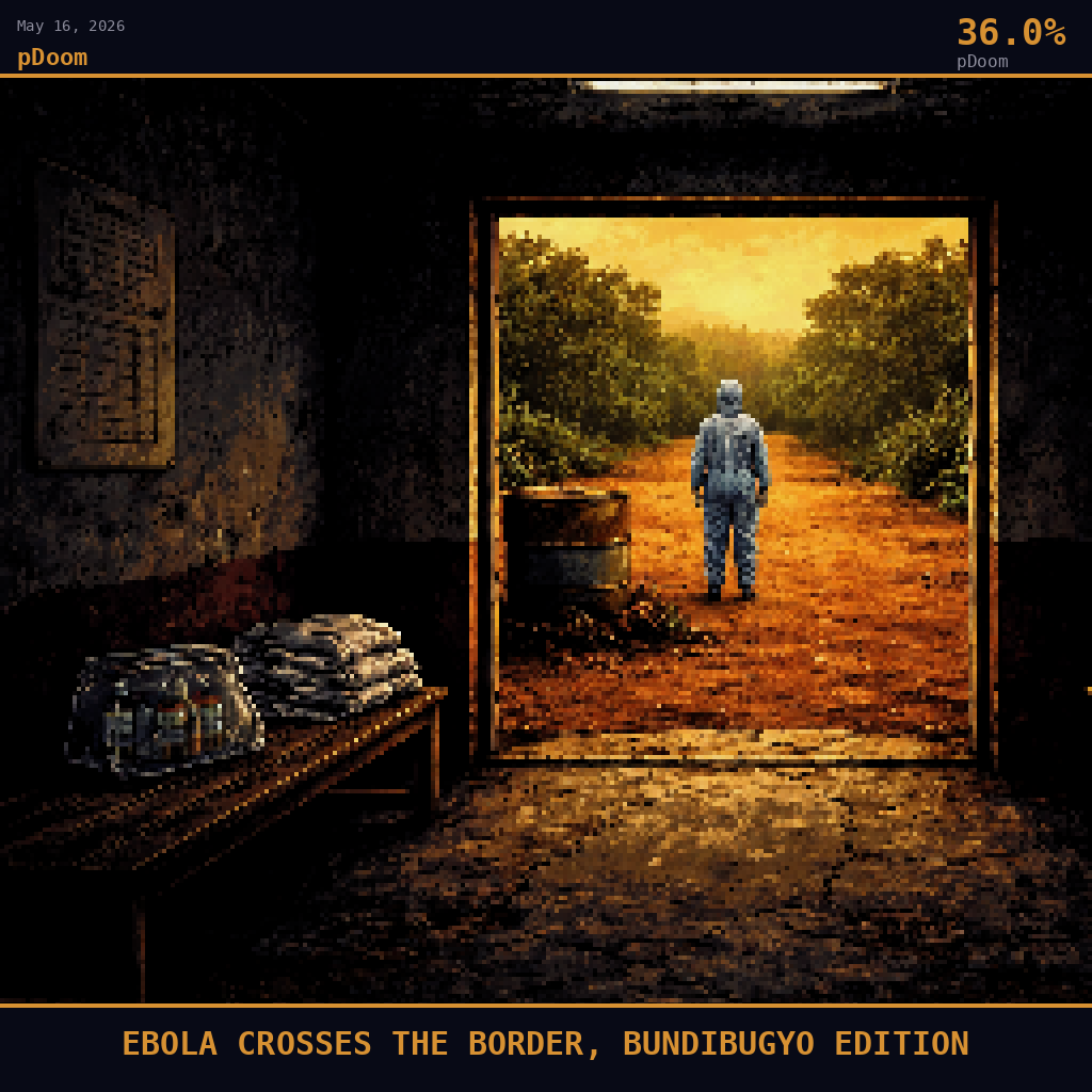 pDoom card for May 16, 2026: 36.0%, EBOLA CROSSES THE BORDER, BUNDIBUGYO EDITION. Pixel art: interior scene, camera positioned deep inside a dim Ugandan border-town clinic waiting room in Busia, looking outward through a wide rectangular doorway framing the red laterite dirt road outside, dee.