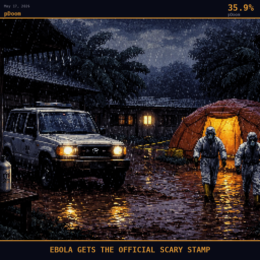 pDoom card for May 17, 2026: 35.9%, EBOLA GETS THE OFFICIAL SCARY STAMP. Pixel art: weather-dominated exterior scene, heavy equatorial downpour filtering everything through diagonal sheets of rain, camera positioned at mid-height looking across a red laterite dirt road in Bunia, Itur.