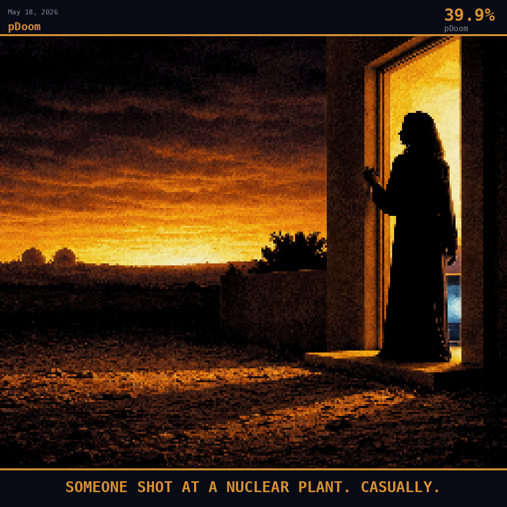 pDoom card for May 18, 2026: 39.9%, SOMEONE SHOT AT A NUCLEAR PLANT. CASUALLY.. Pixel art: silhouette composition, strong backlight from a deep smoldering orange and amber glow emanating from the western horizon where the sun has collapsed below the Saudi desert edge, camera positioned low .