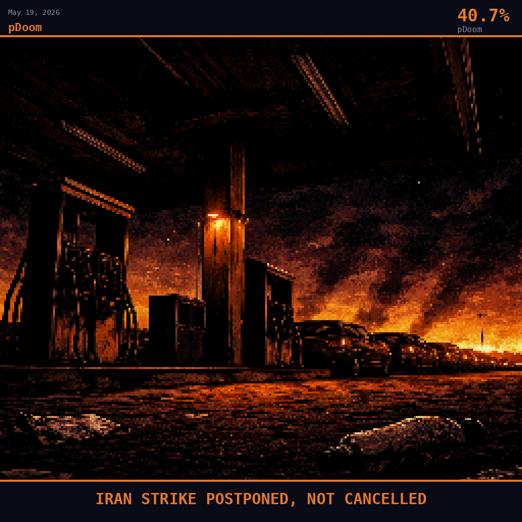 pDoom card for May 19, 2026: 40.7%, IRAN STRIKE POSTPONED, NOT CANCELLED. Pixel art: ground-level upward view from cracked asphalt, camera pressed nearly flat to the pavement of a gas station forecourt somewhere in coastal Oman or the UAE, looking steeply skyward past the underside of.