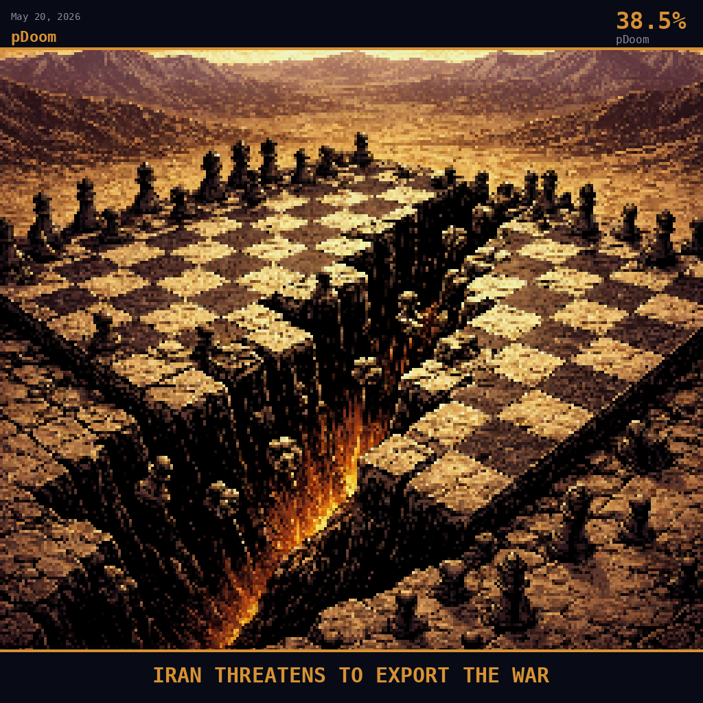 pDoom card for May 20, 2026: 38.5%, IRAN THREATENS TO EXPORT THE WAR. Pixel art: wide aerial view angled down at 45 degrees, camera looking steeply down at a vast symbolic scene rendered in deep navy shadow and smoldering orange: a colossal stone chessboard stretching across a sco.