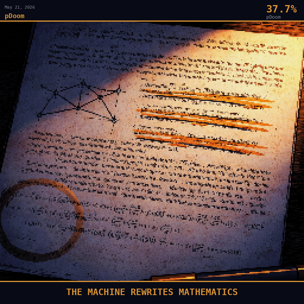 pDoom card for May 21, 2026: 37.7%, THE MACHINE REWRITES MATHEMATICS. Pixel art: extreme close-up filling the entire frame with a single printed academic paper lying on a dark desk surface, camera pressed directly overhead looking straight down, the page rendered in deep navy shad.