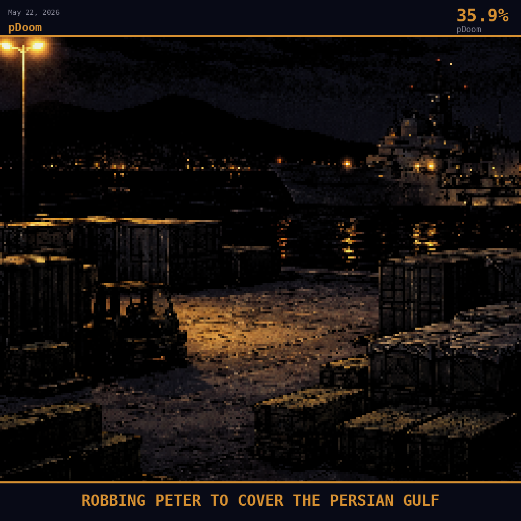 pDoom card for May 22, 2026: 35.9%, ROBBING PETER TO COVER THE PERSIAN GULF. Pixel art: night scene, aftermath composition, camera at mid-height looking across a vast military logistics tarmac at a Pacific port facility, artificial light only, deep navy shadows swallowing the edges of th.
