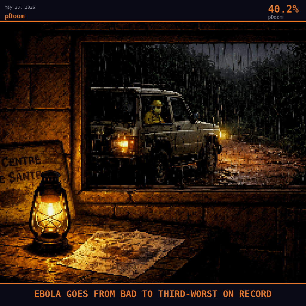 pDoom card for May 23, 2026: 40.2%, EBOLA GOES FROM BAD TO THIRD-WORST ON RECORD. Pixel art: interior scene, camera positioned inside a dim Ugandan border-town family dwelling in Kasese district, looking outward through a low rectangular window cut into a cinderblock wall, the window frame di.