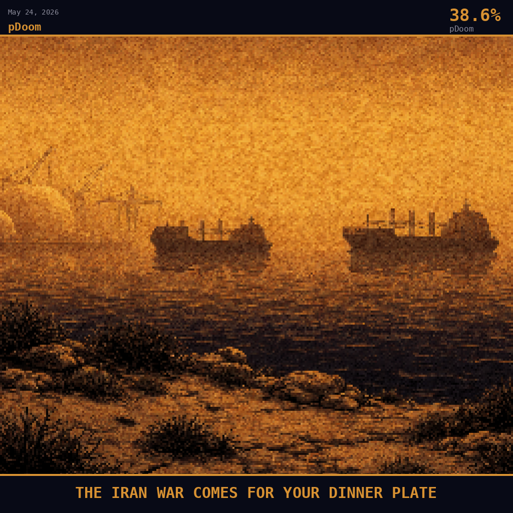 pDoom card for May 24, 2026: 38.6%, THE IRAN WAR COMES FOR YOUR DINNER PLATE. Pixel art: weather-dominated scene, dense coastal fog and heat haze merging into a single oppressive wall of atmosphere, camera positioned at mid-distance on the Iranian shore of the Persian Gulf looking outward.
