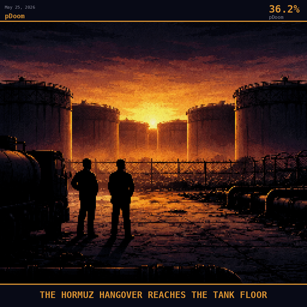 pDoom card for May 25, 2026: 36.2%, THE HORMUZ HANGOVER REACHES THE TANK FLOOR. Pixel art: silhouette composition, deep navy sky bleeding into smoldering orange at the horizon, camera positioned at ground level inside a vast Asian fuel terminal depot at dusk, looking outward toward the glow.