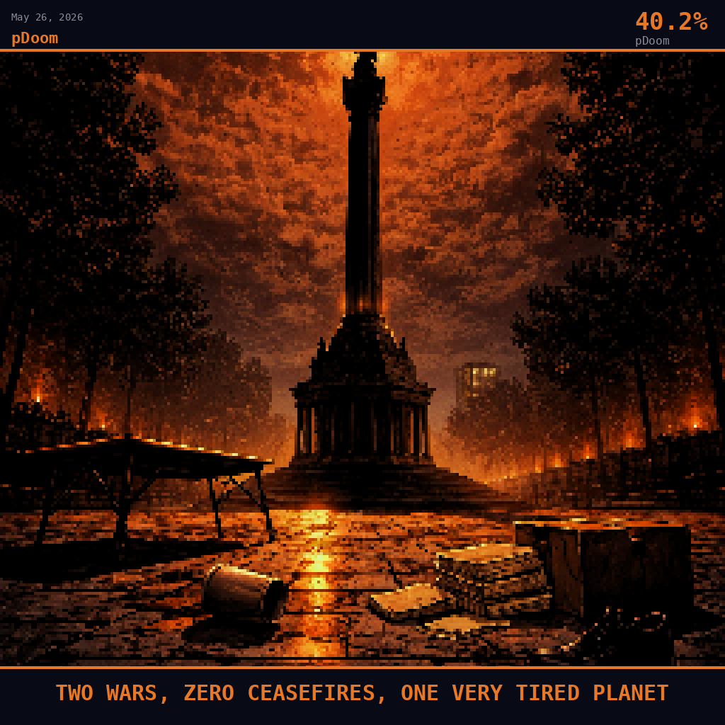 pDoom card for May 26, 2026: 40.2%, TWO WARS, ZERO CEASEFIRES, ONE VERY TIRED PLANET. Pixel art: ground-level upward view from cracked Kyiv pavement, camera pressed flat to the base of Maidan Nezalezhnosti's granite independence column, looking straight up its towering dark shaft toward the winge.