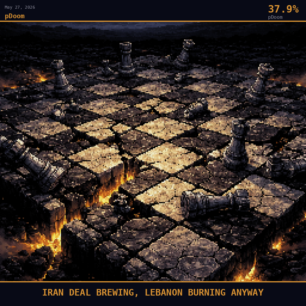 pDoom card for May 27, 2026: 37.9%, IRAN DEAL BREWING, LEBANON BURNING ANYWAY. Pixel art: wide aerial view angled down at 45 degrees, camera looking steeply down at a vast symbolic scene rendered in deep navy shadow and smoldering orange light.