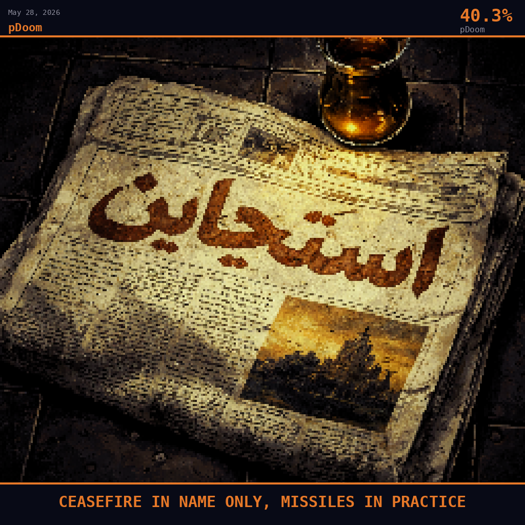 pDoom card for May 28, 2026: 40.3%, CEASEFIRE IN NAME ONLY, MISSILES IN PRACTICE. Pixel art: extreme close-up filling the entire frame with a crumpled Persian-language newspaper lying on a dark ceramic kitchen tile floor, camera pressed directly overhead, the paper's front page dominated by a.