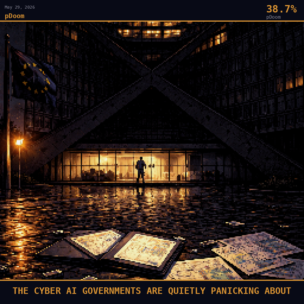pDoom card for May 29, 2026: 38.7%, THE CYBER AI GOVERNMENTS ARE QUIETLY PANICKING ABOUT. Pixel art: night scene aftermath, camera at street level looking up at the angular glass-and-steel facade of the Berlaymont Building in Brussels, the X-shaped structure looming in deep navy shadow, every window .