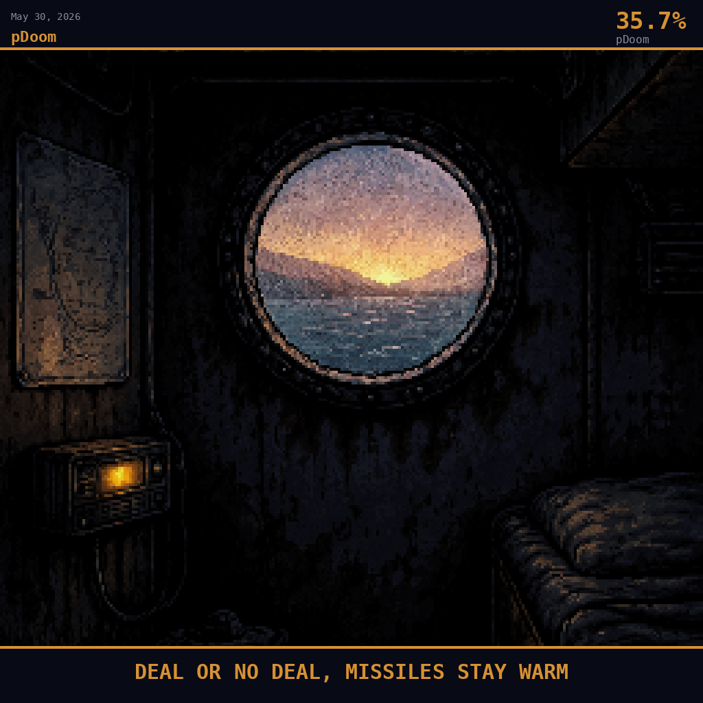 pDoom card for May 30, 2026: 35.7%, DEAL OR NO DEAL, MISSILES STAY WARM. Pixel art: interior scene, camera positioned inside a cramped tanker crew quarters aboard a civilian oil vessel anchored in the Strait of Hormuz, looking outward through a small salt-crusted porthole window, the.