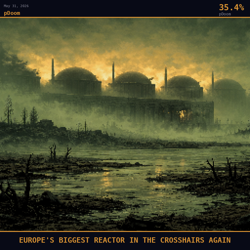 pDoom card for May 31, 2026: 35.4%, EUROPE'S BIGGEST REACTOR IN THE CROSSHAIRS AGAIN. Pixel art: weather-dominated scene, dense radioactive-green-tinted fog and industrial haze rolling across the flat Ukrainian steppe, camera positioned at mid-distance ground level looking across the dramatically.