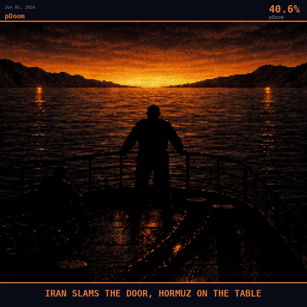 pDoom card for June 1, 2026: 40.6%, IRAN SLAMS THE DOOR, HORMUZ ON THE TABLE. Pixel art: silhouette composition, dark crimson and charcoal palette, a tanker ship captain standing alone on the bow of a massive supertanker anchored dead-still in the Strait of Hormuz, his broad silhouette cu.