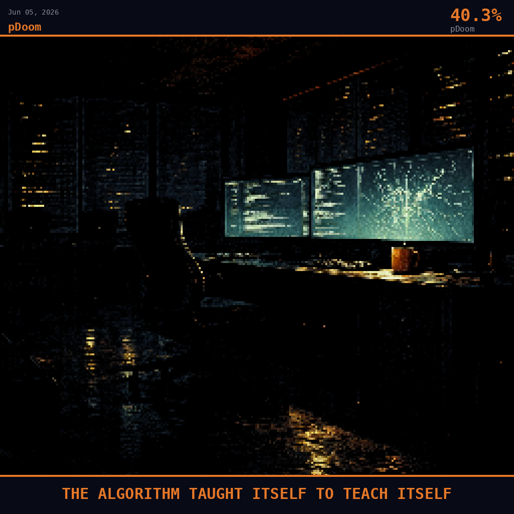 pDoom card for June 5, 2026: 40.3%, THE ALGORITHM TAUGHT ITSELF TO TEACH ITSELF. Pixel art: night scene aftermath, all light from artificial sources, deep shadows dominating every corner, camera positioned at floor level inside a dark San Francisco tech office after the engineers have gone h.