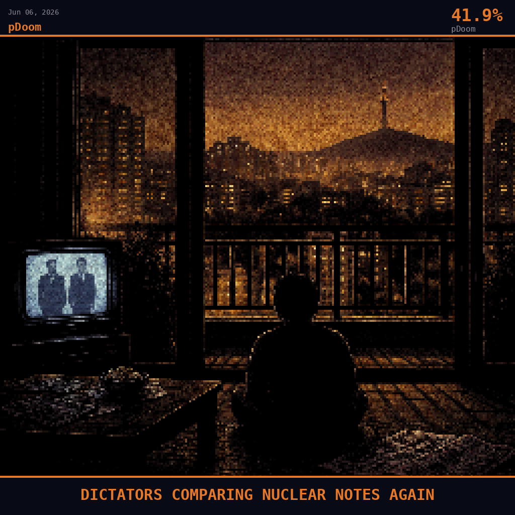pDoom card for June 6, 2026: 41.9%, DICTATORS COMPARING NUCLEAR NOTES AGAIN. Pixel art: interior scene, camera positioned inside a dim Seoul apartment living room looking outward through a sliding glass balcony door, the door frame cutting the composition into inside darkness and outside.