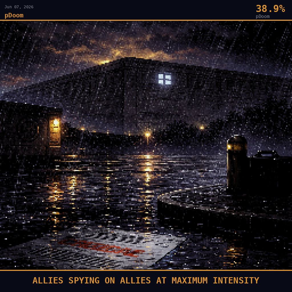 pDoom card for June 7, 2026: 38.9%, ALLIES SPYING ON ALLIES AT MAXIMUM INTENSITY. Pixel art: weather-dominated scene, torrential rain sheeting across the Pentagon's outer facade at night, camera positioned at street level on the rain-slicked access road looking up at the massive limestone wes.