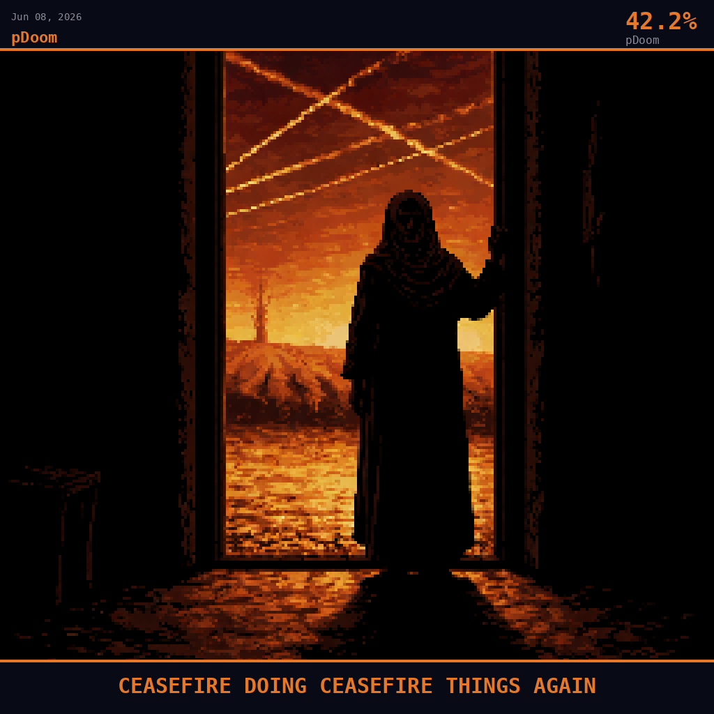 pDoom card for June 8, 2026: 42.2%, CEASEFIRE DOING CEASEFIRE THINGS AGAIN. Pixel art: silhouette composition, dark crimson and charcoal palette, camera positioned at ground level inside a modest West Bank home looking outward through a single open doorway, the doorframe acting as a sta.