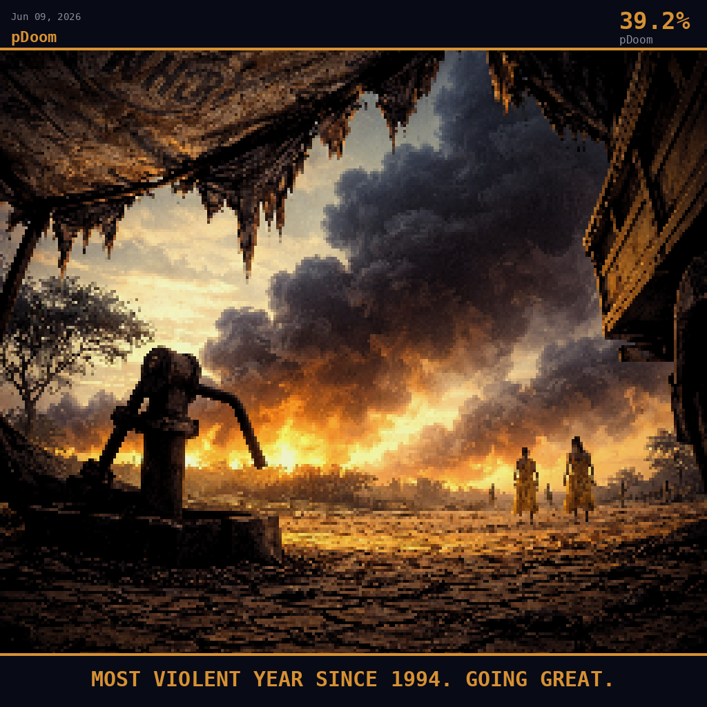 pDoom card for June 9, 2026: 39.2%, MOST VIOLENT YEAR SINCE 1994. GOING GREAT.. Pixel art: ground-level upward view from cracked ochre earth, camera pressed flat to the parched Sahel dust looking steeply up at the underside of a collapsed UNHCR tarpaulin shelter, the UN blue-grey plastic sh.