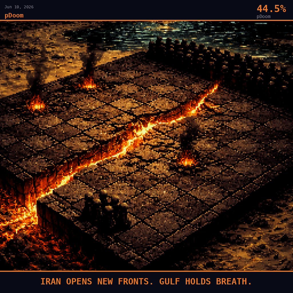 pDoom card for June 10, 2026: 44.5%, IRAN OPENS NEW FRONTS. GULF HOLDS BREATH.. Pixel art: wide aerial view angled down at 45 degrees, camera looking steeply down at a vast symbolic scene rendered in dark crimson and charcoal, the entire frame dominated by an enormous ancient stone game boa.