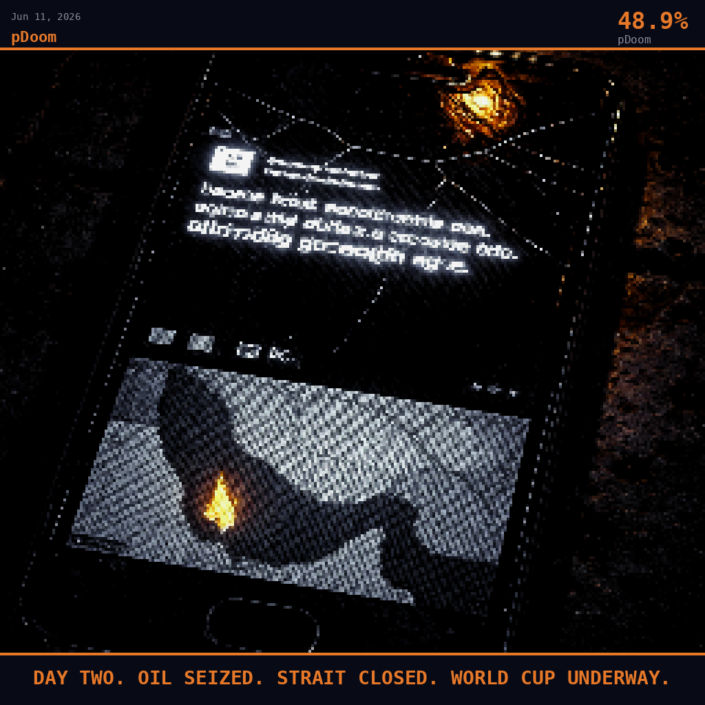 pDoom card for June 11, 2026: 48.9%, DAY TWO. OIL SEIZED. STRAIT CLOSED. WORLD CUP UNDERWAY.. Pixel art: extreme close-up filling the entire frame with a cracked and oil-smeared smartphone screen lying on a dark concrete surface, camera pressed inches away looking straight down, the screen's glow the onl.