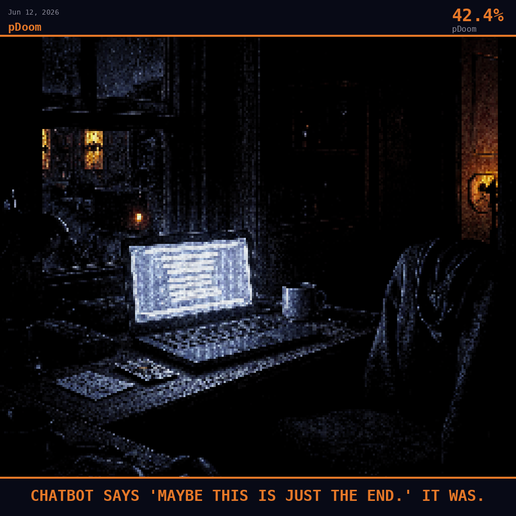 pDoom card for June 12, 2026: 42.4%, CHATBOT SAYS 'MAYBE THIS IS JUST THE END.' IT WAS.. Pixel art: night scene aftermath, all light from artificial sources, deep shadows dominating, camera positioned at mid-level inside a Montreal apartment bedroom the morning after, dark crimson and charcoal palet.