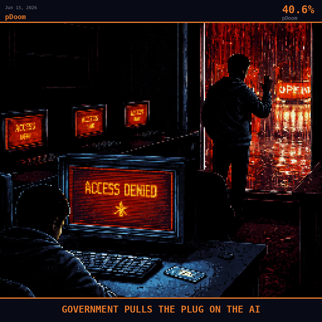pDoom card for June 13, 2026: 40.6%, GOVERNMENT PULLS THE PLUG ON THE AI. Pixel art: interior scene, camera positioned inside a cramped university computer lab in Toronto looking outward through a tall narrow window toward a rain-slicked street below, dark crimson and charcoal palette.