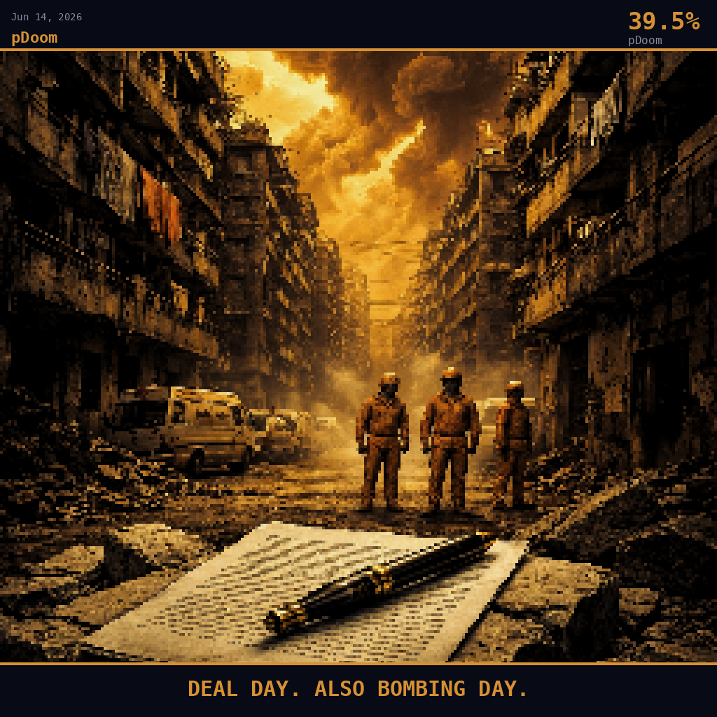 pDoom card for June 14, 2026: 39.5%, DEAL DAY. ALSO BOMBING DAY.. Pixel art: weather-dominated scene, thick amber haze and smoke-filtered Mediterranean air pressing down over Beirut's southern Dahiyeh district in late afternoon, camera positioned at street level on a narrow cr.