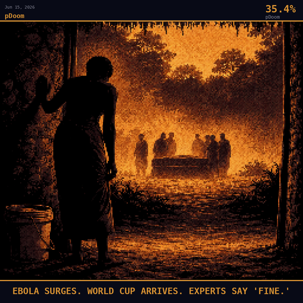 pDoom card for June 15, 2026: 35.4%, EBOLA SURGES. WORLD CUP ARRIVES. EXPERTS SAY 'FINE.'. Pixel art: silhouette composition, deep navy and smoldering orange palette, camera positioned low at ground level behind a lone Congolese woman standing motionless in the open doorway of a mud-brick home at the .