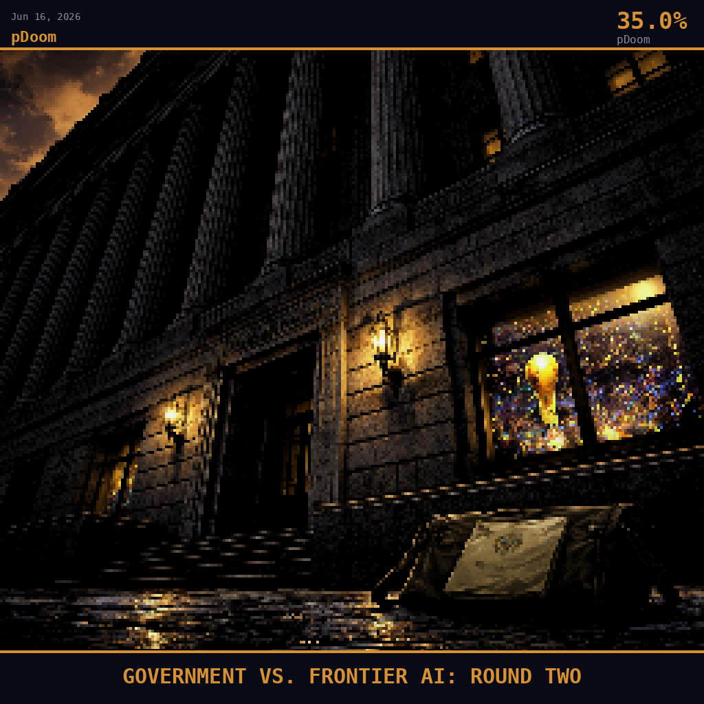 pDoom card for June 16, 2026: 35.0%, GOVERNMENT VS. FRONTIER AI: ROUND TWO. Pixel art: ground-level upward view from cracked asphalt, camera pressed flat to a rain-slicked Washington DC sidewalk looking steeply up at the colossal limestone colonnade of the Herbert C.