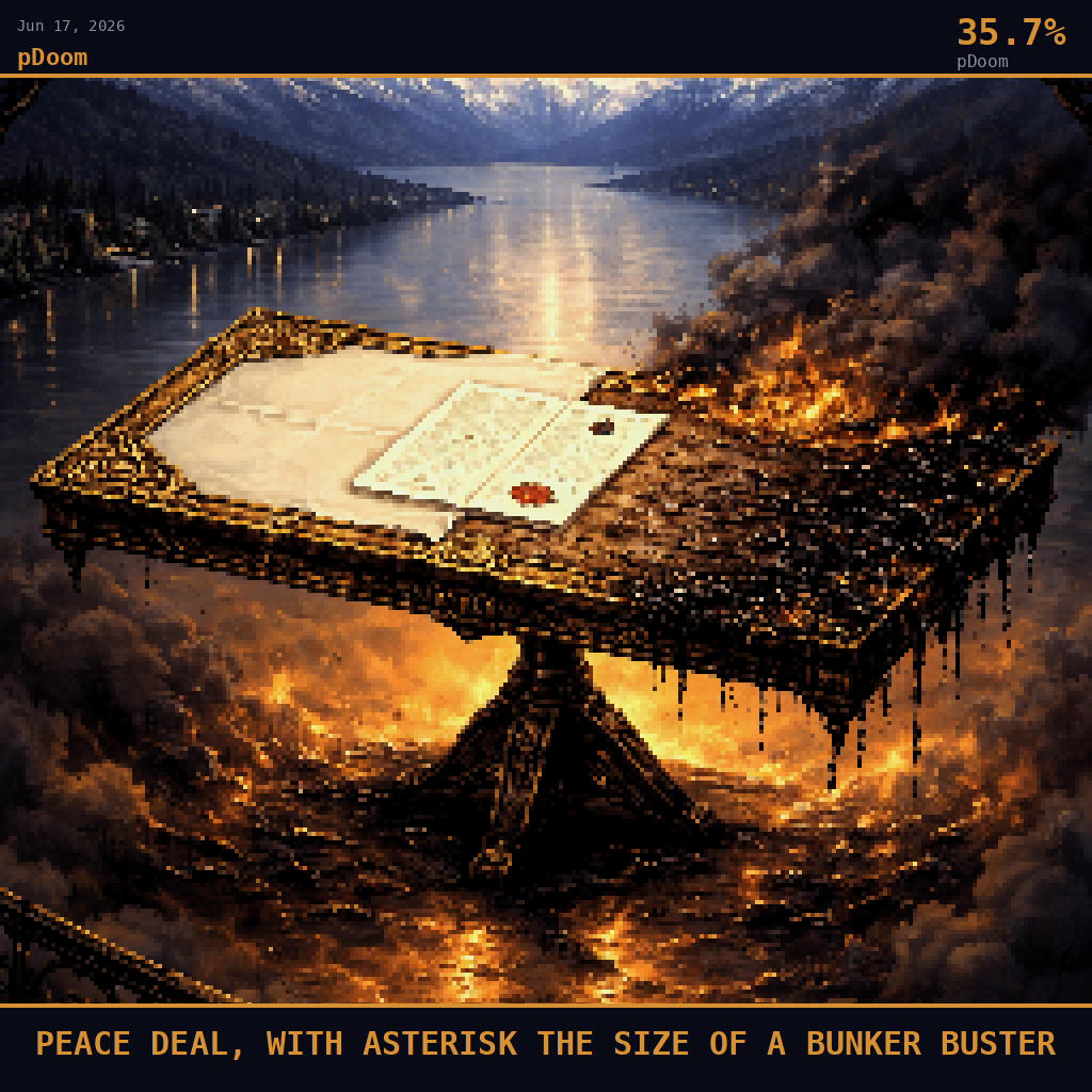pDoom card for June 17, 2026: 35.7%, PEACE DEAL, WITH ASTERISK THE SIZE OF A BUNKER BUSTER. Pixel art: wide aerial view angled down at 45 degrees, camera looking steeply down at a vast symbolic scene rendered in deep navy and smoldering orange, the entire frame dominated by an enormous ornate mahogany .