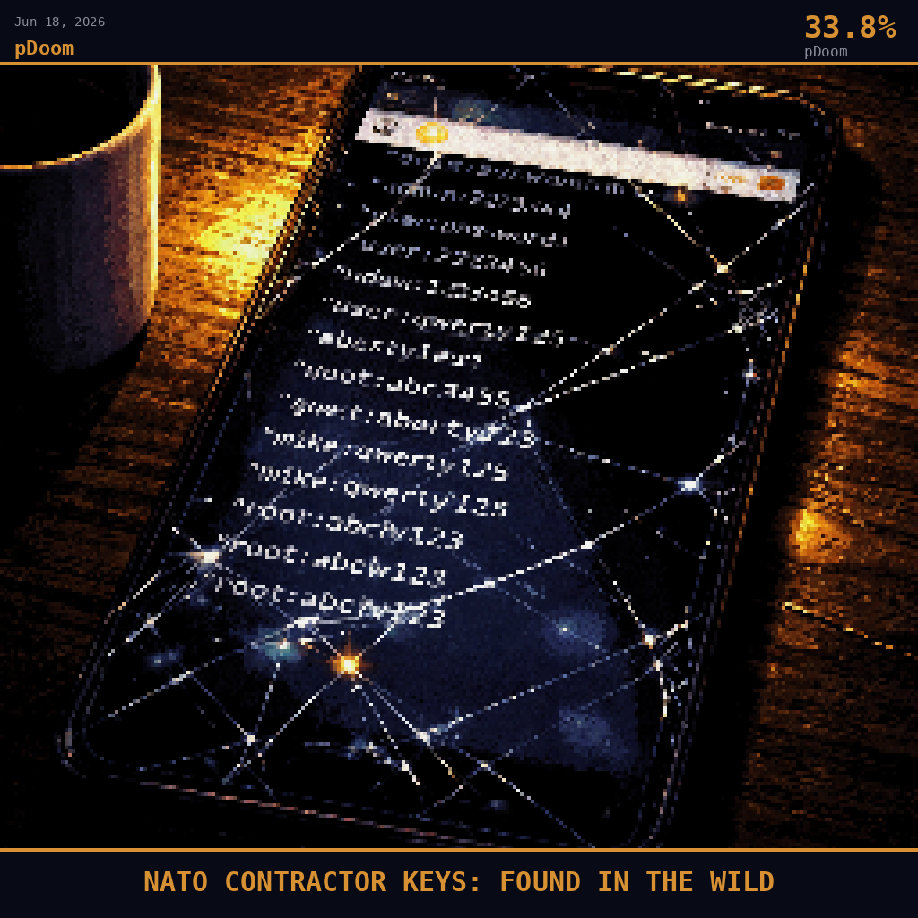 pDoom card for June 18, 2026: 33.8%, NATO CONTRACTOR KEYS: FOUND IN THE WILD. Pixel art: extreme close-up filling the entire frame with a cracked smartphone screen lying face-up on a dark kitchen table, camera pressed inches above the glass looking straight down, the screen displaying a s.