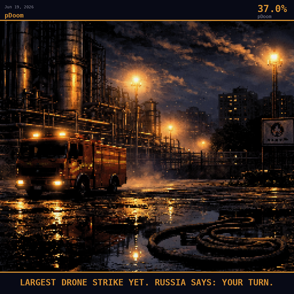 pDoom card for June 19, 2026: 37.0%, LARGEST DRONE STRIKE YET. RUSSIA SAYS: YOUR TURN.. Pixel art: night scene aftermath, all light from artificial sources, deep shadows dominating, camera positioned at ground level inside the Kapotnya refinery district looking outward across a wide industrial yard.