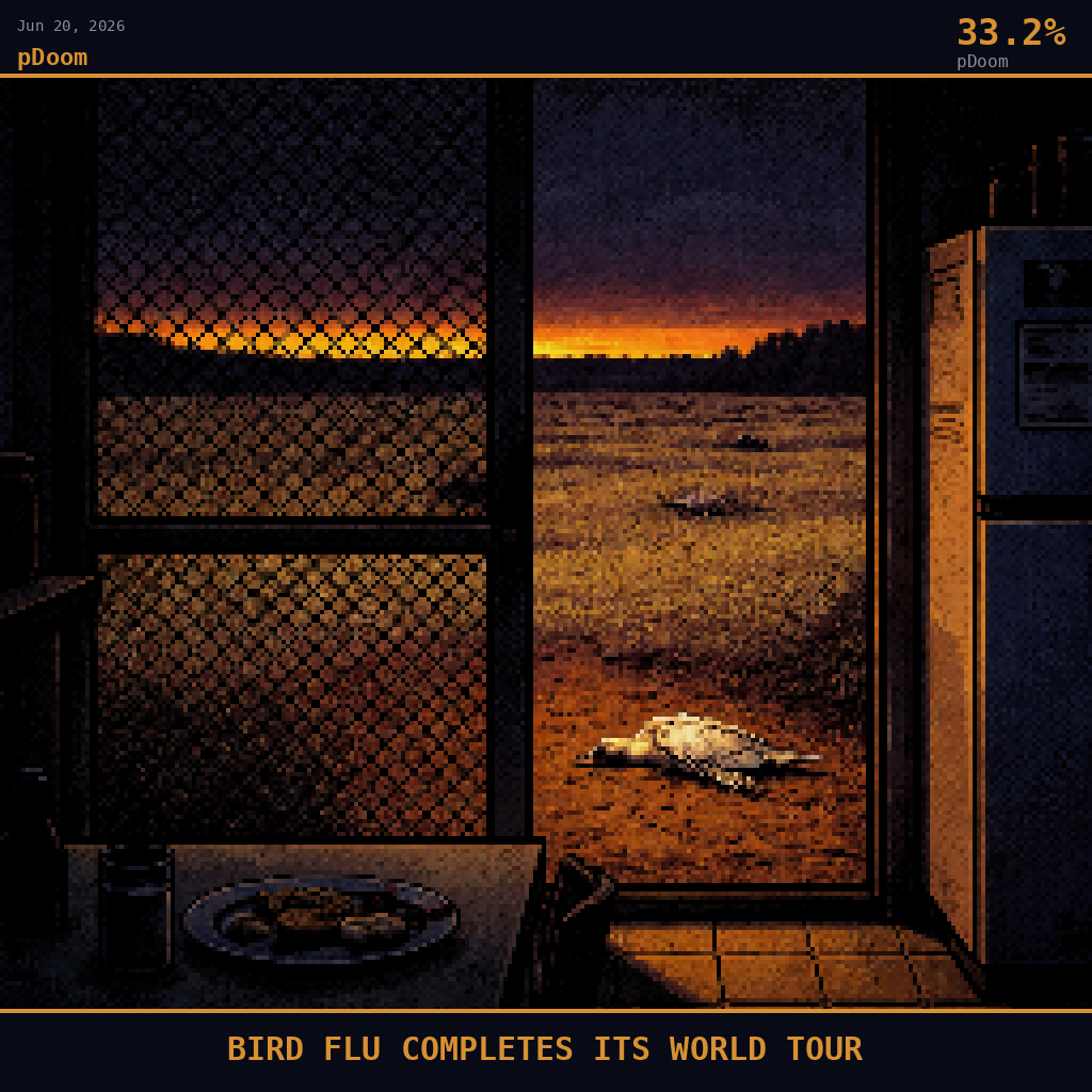 pDoom card for June 20, 2026: 33.2%, BIRD FLU COMPLETES ITS WORLD TOUR. Pixel art: interior scene, camera positioned inside a dim Australian farmhouse kitchen on the Esperance hinterland looking outward through a wide flyscreen door toward a vast flat paddock under a smoke-filtered .