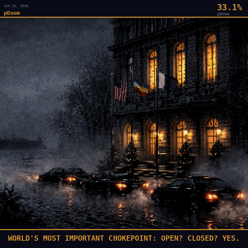 pDoom card for June 21, 2026: 33.1%, WORLD'S MOST IMPORTANT CHOKEPOINT: OPEN? CLOSED? YES.. Pixel art: weather-dominated scene, thick fog rolling off Lac Léman pressing against the stone facade of a grand Geneva lakeside building in pre-dawn darkness, camera positioned at mid-distance across frost-glaz.