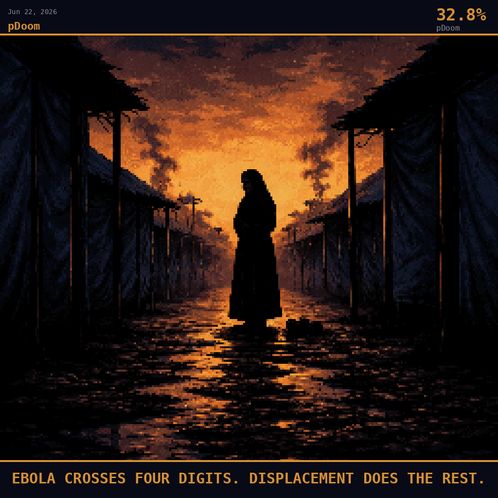 pDoom card for June 22, 2026: 32.8%, EBOLA CROSSES FOUR DIGITS. DISPLACEMENT DOES THE REST.. Pixel art: silhouette composition, deep navy and smoldering orange palette, camera positioned low at ground level inside a Kigonze displacement camp corridor at dusk, looking outward between two rows of UNHCR-bl.