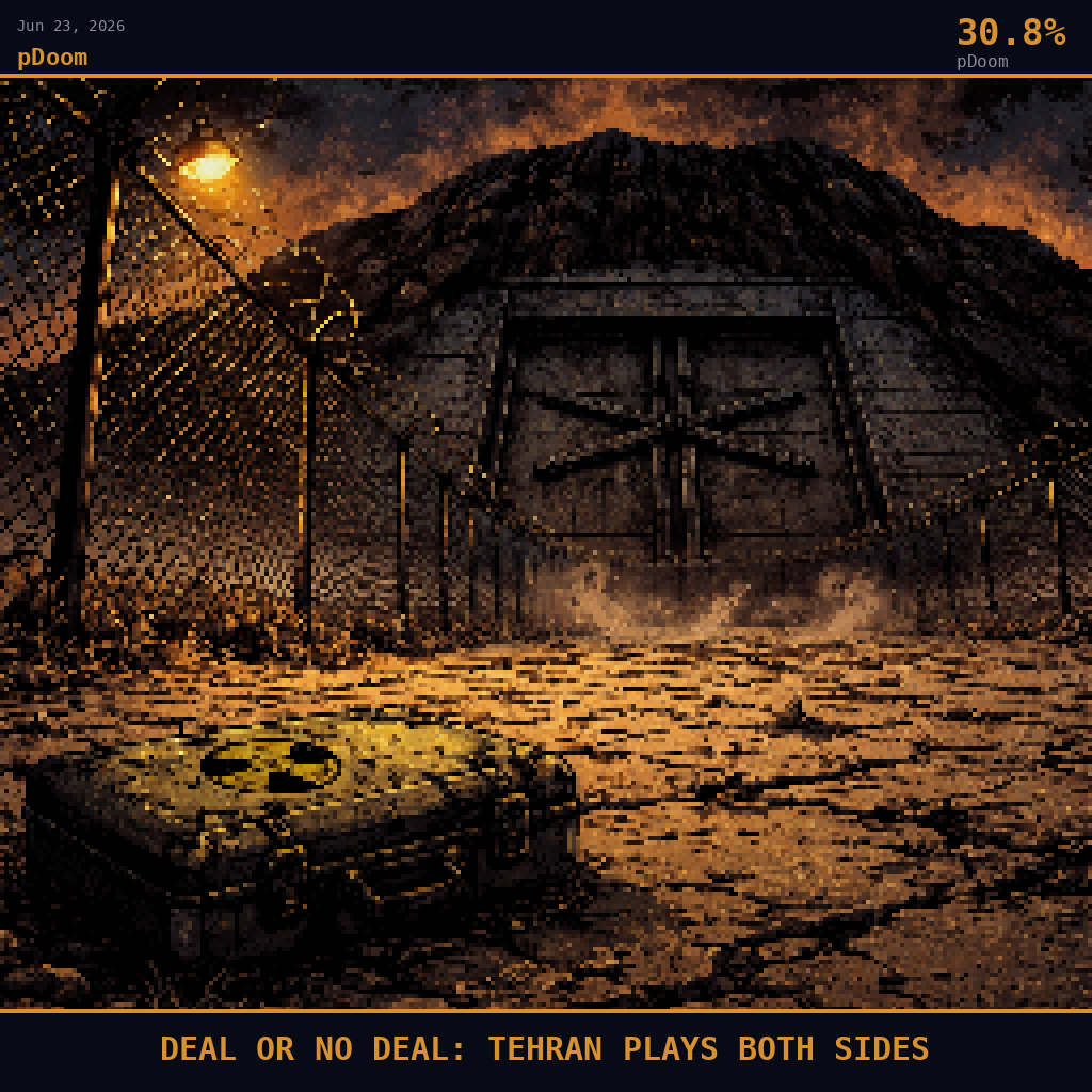 pDoom card for June 23, 2026: 30.8%, DEAL OR NO DEAL: TEHRAN PLAYS BOTH SIDES. Pixel art: ground-level view looking steeply upward from cracked desert hardpan, camera pressed flat to the scorched earth outside a chain-link perimeter fence topped with razor wire, the fence posts looming eno.