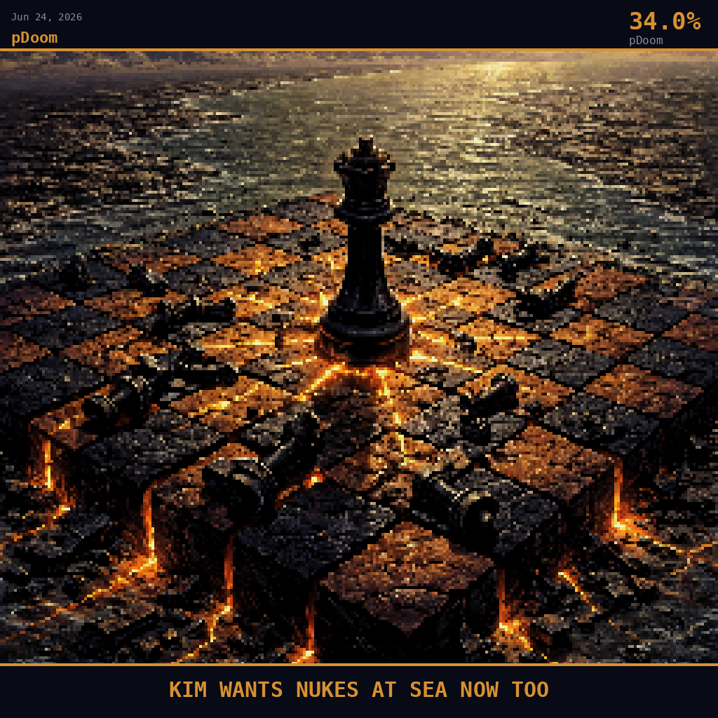 pDoom card for June 24, 2026: 34.0%, KIM WANTS NUKES AT SEA NOW TOO. Pixel art: wide aerial view angled down at 45 degrees, camera looking steeply down at a vast symbolic scene rendered in deep navy and smoldering orange, a massive stone chessboard occupies the entirety of a smok.