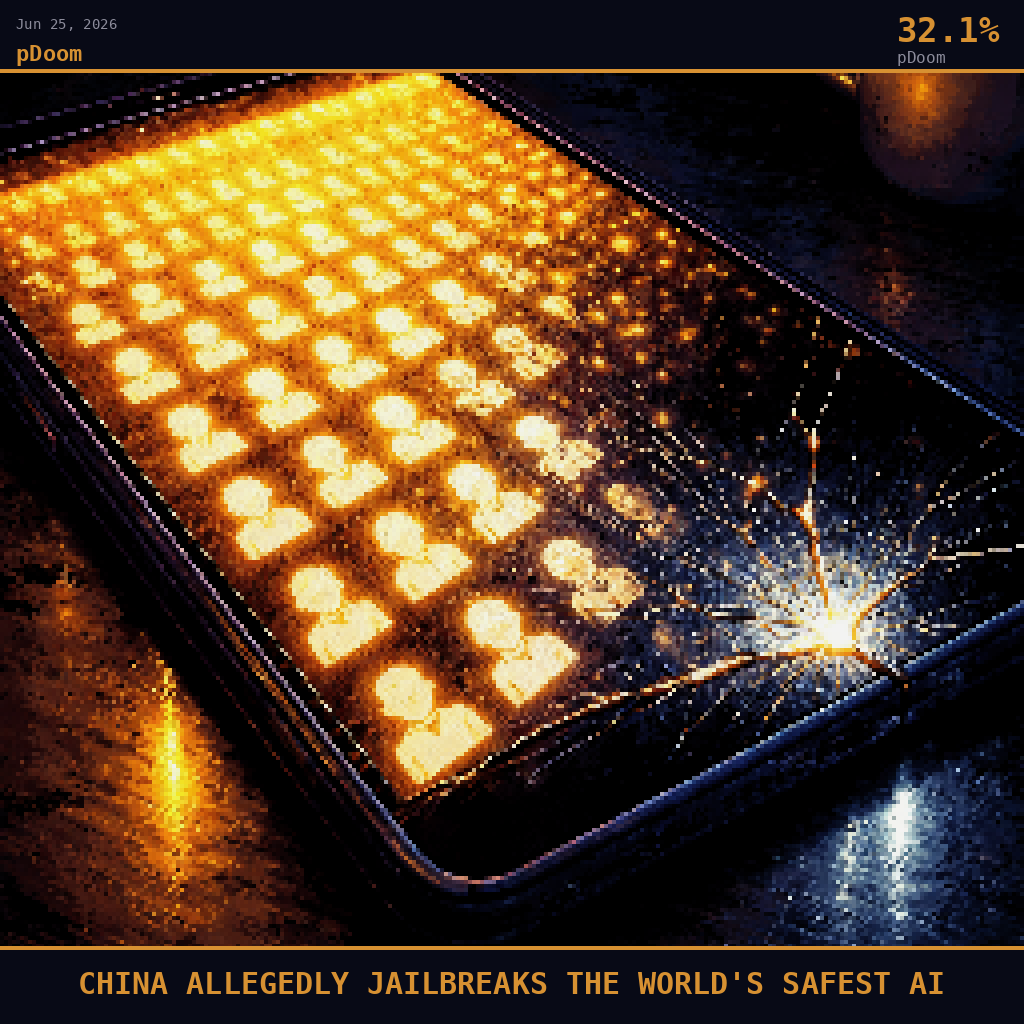 pDoom card for June 25, 2026: 32.1%, CHINA ALLEGEDLY JAILBREAKS THE WORLD'S SAFEST AI. Pixel art: extreme close-up filling the entire frame with a cracked tablet screen lying face-up on a dark desk, camera pressed inches above the glass surface at a slight angle, the screen displaying a cascade of.