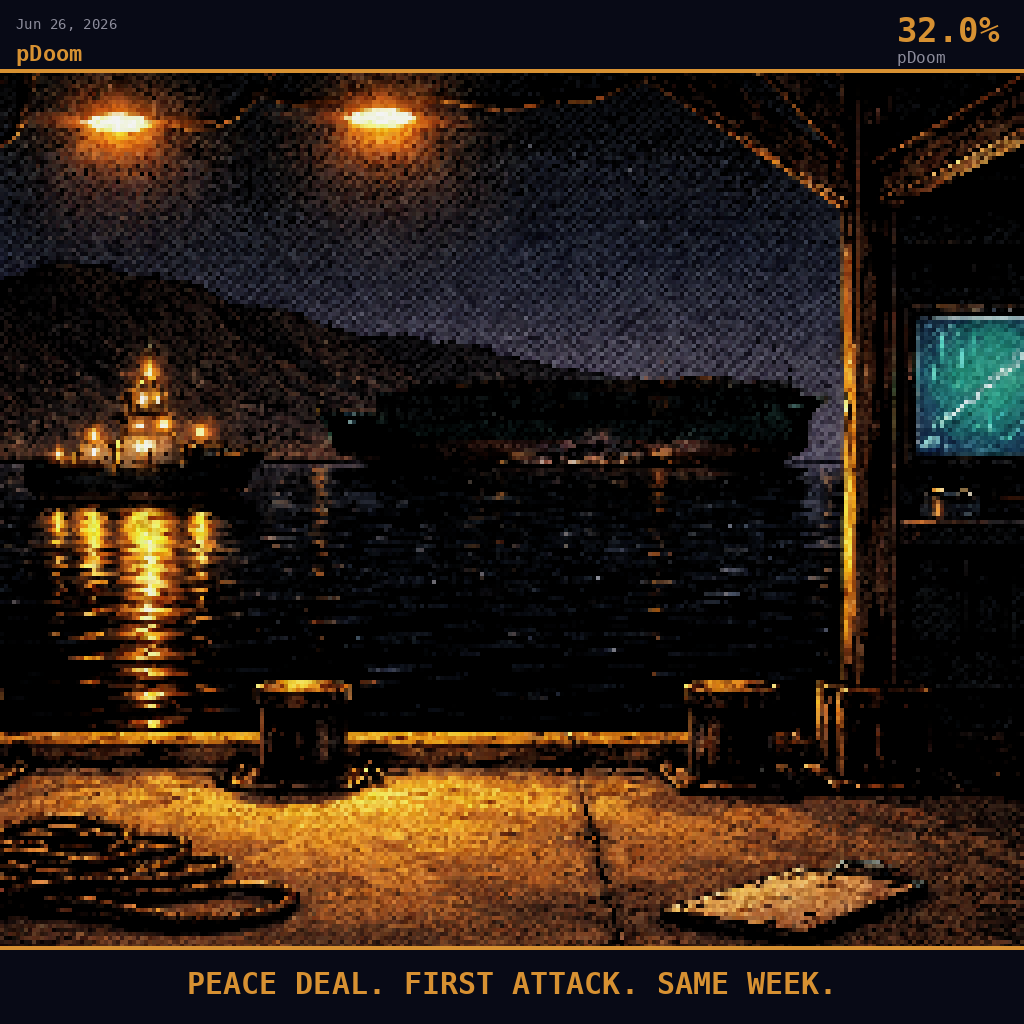 pDoom card for June 26, 2026: 32.0%, PEACE DEAL. FIRST ATTACK. SAME WEEK.. Pixel art: night scene aftermath, all light from artificial sources, deep navy and smoldering orange palette, camera positioned at dock-level on a deserted Omani coastal maintenance pier looking outward across t.