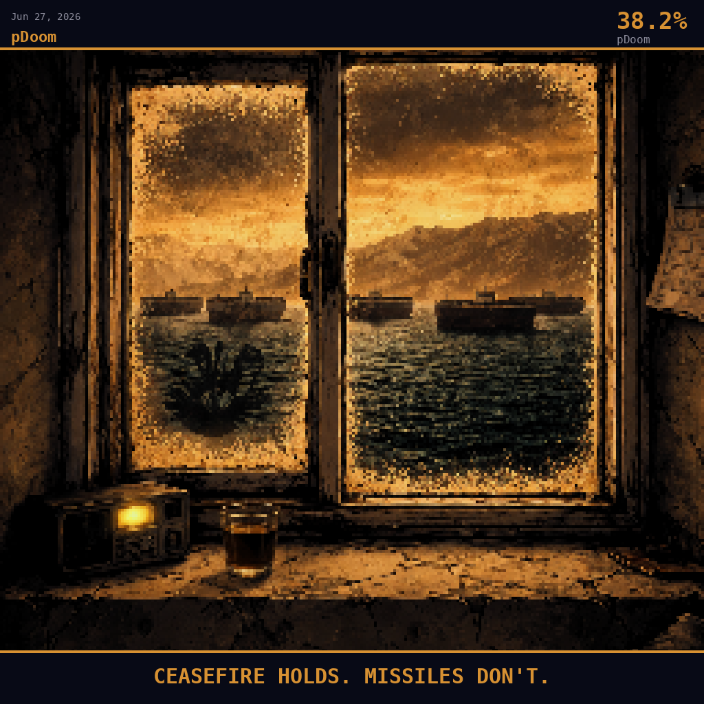 pDoom card for June 27, 2026: 38.2%, CEASEFIRE HOLDS. MISSILES DON'T.. Pixel art: interior scene, camera positioned inside a cramped Omani fishing family's concrete home on the Musandam peninsula looking outward through a single salt-crusted window, deep navy and smoldering orange .