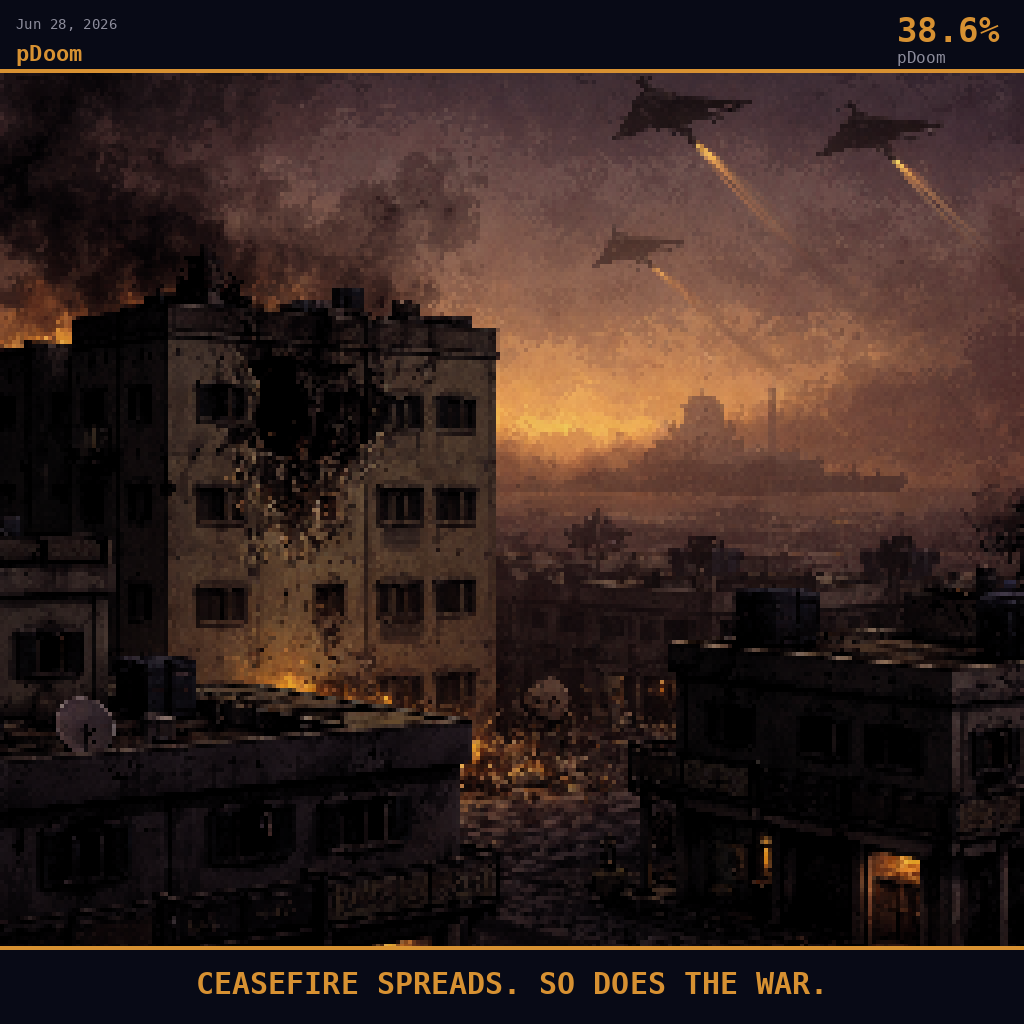 pDoom card for June 28, 2026: 38.6%, CEASEFIRE SPREADS. SO DOES THE WAR.. Pixel art: weather-dominated scene, thick acrid haze and smoke-laden humid air pressing down over the dense low-rise concrete rooftops of Muharraq Island at pre-dawn, camera positioned mid-height looking across .