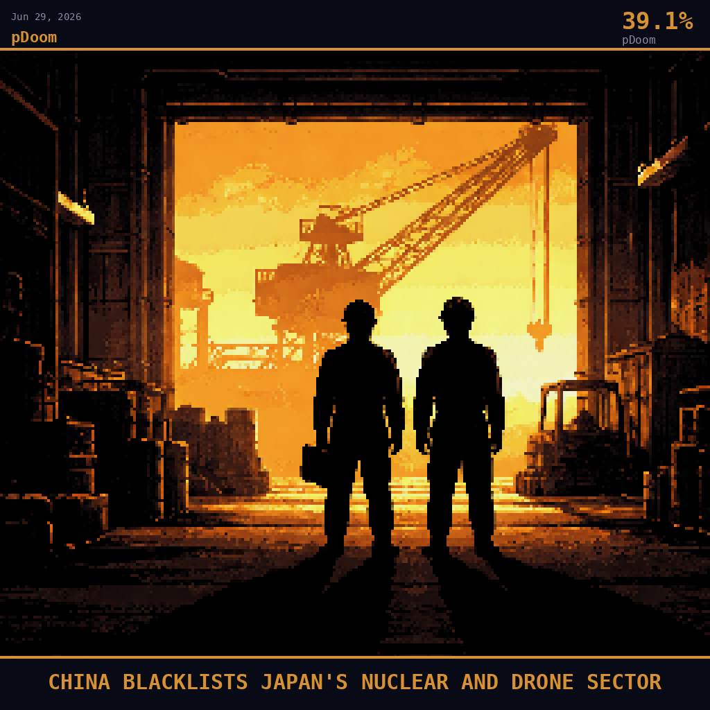 pDoom card for June 29, 2026: 39.1%, CHINA BLACKLISTS JAPAN'S NUCLEAR AND DRONE SECTOR. Pixel art: silhouette composition, deep navy and smoldering orange palette, camera positioned low at ground level inside a Japanese industrial factory floor looking toward a massive open loading bay door, the do.