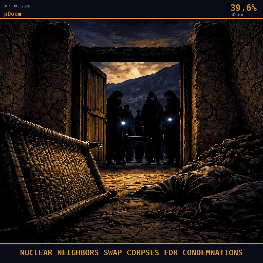 pDoom card for June 30, 2026: 39.6%, NUCLEAR NEIGHBORS SWAP CORPSES FOR CONDEMNATIONS. Pixel art: ground-level view looking steeply upward from cracked Afghan mountain earth, camera pressed flat to the dusty floor of a Paktia village courtyard in the pre-dawn darkness, deep navy and smoldering ora.