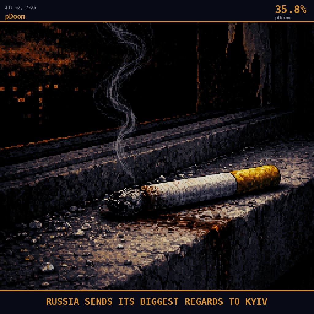 pDoom card for July 2, 2026: 35.8%, RUSSIA SENDS ITS BIGGEST REGARDS TO KYIV. Pixel art: extreme close-up filling the entire frame with a single cigarette lying on a concrete windowsill ledge, camera pressed inches above the rough grey Soviet-era concrete surface, the cigarette half-smoke.