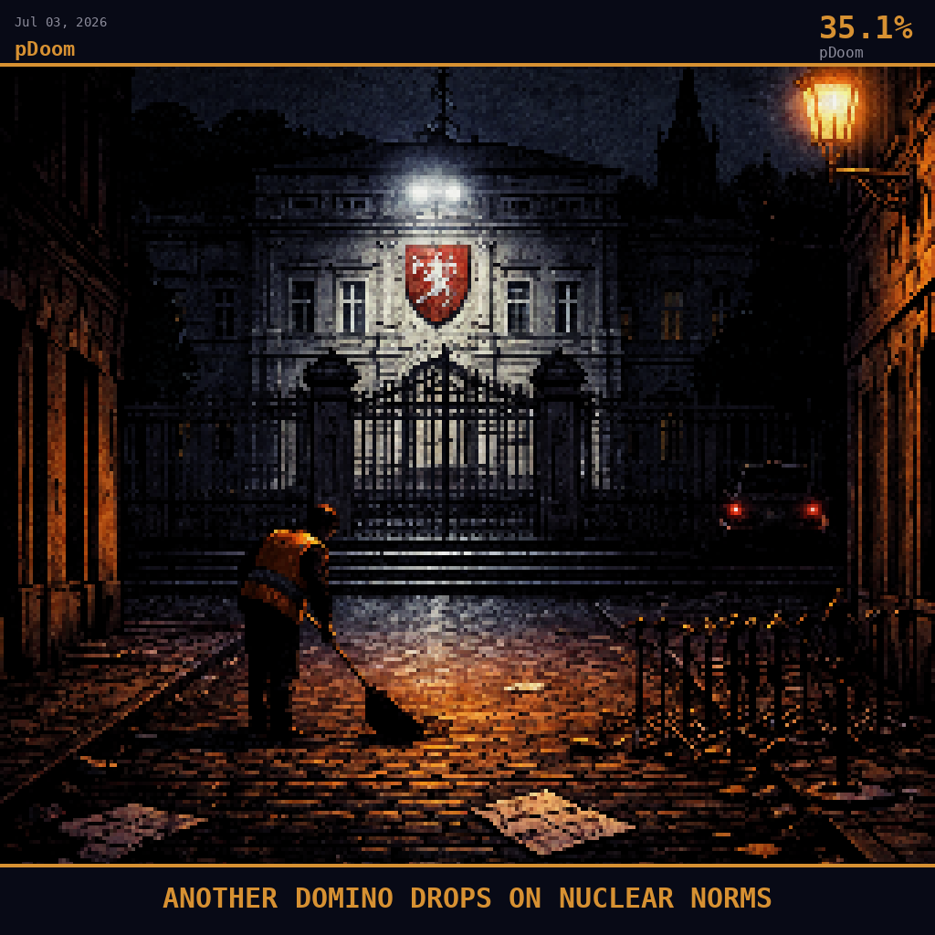 pDoom card for July 3, 2026: 35.1%, ANOTHER DOMINO DROPS ON NUCLEAR NORMS. Pixel art: night scene aftermath, all light from artificial sources, deep navy and smoldering orange palette, camera positioned at street level in Vilnius Old Town looking down a narrow cobblestone lane toward t.