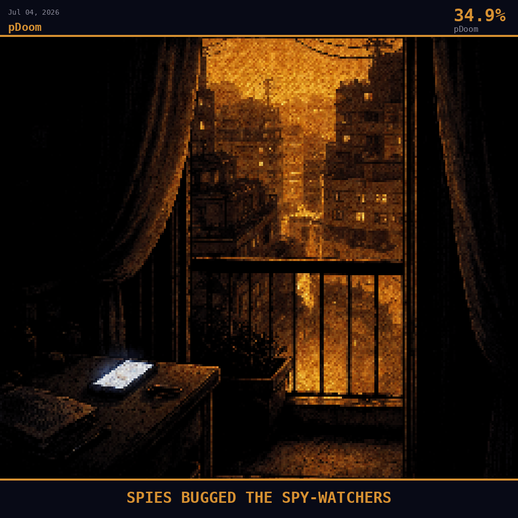 pDoom card for July 4, 2026: 34.9%, SPIES BUGGED THE SPY-WATCHERS. Pixel art: interior scene, camera positioned inside a cramped Athens apartment looking outward through a narrow balcony doorway, deep navy darkness filling the room behind, smoldering orange cast bleeding in fro.