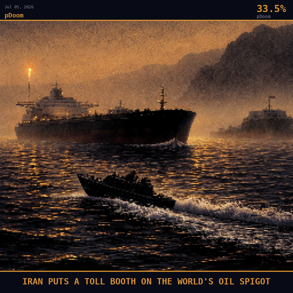 pDoom card for July 5, 2026: 33.5%, IRAN PUTS A TOLL BOOTH ON THE WORLD'S OIL SPIGOT. Pixel art: weather-dominated scene, dense maritime haze pressing down over the Strait of Hormuz at pre-dawn, camera positioned at mid-water level looking east through thick petroleum-tinged fog toward the narrow.